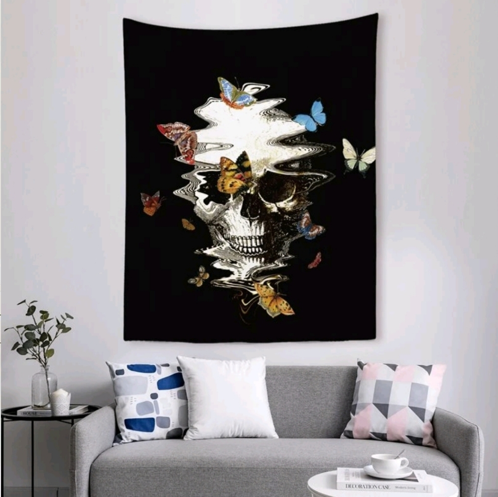 Colorful skull & butterflies wall hanging tapestry NEW